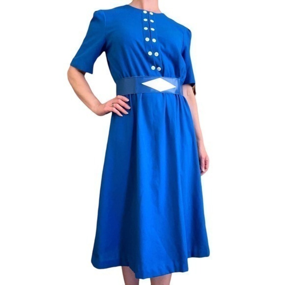 Vintage Via Sant Andrea Blue Belted Fit-&-Flare Short-Sleeve Midi Dress